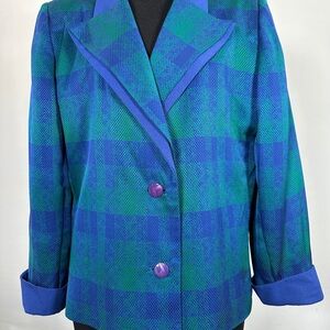 Vintage 90s Plaid Bright Blue Green 2 Tone Blazer Jacket LG